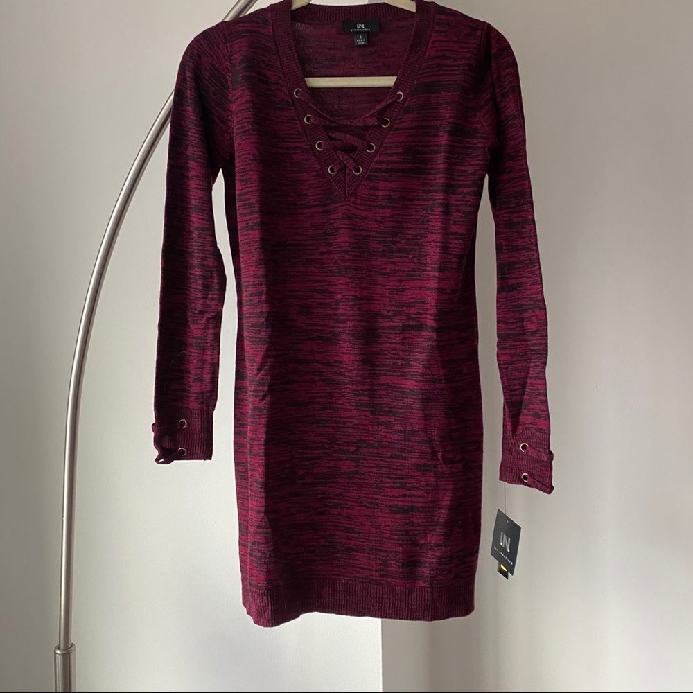 NWT Maroon and black sweater dress lace up v-neck